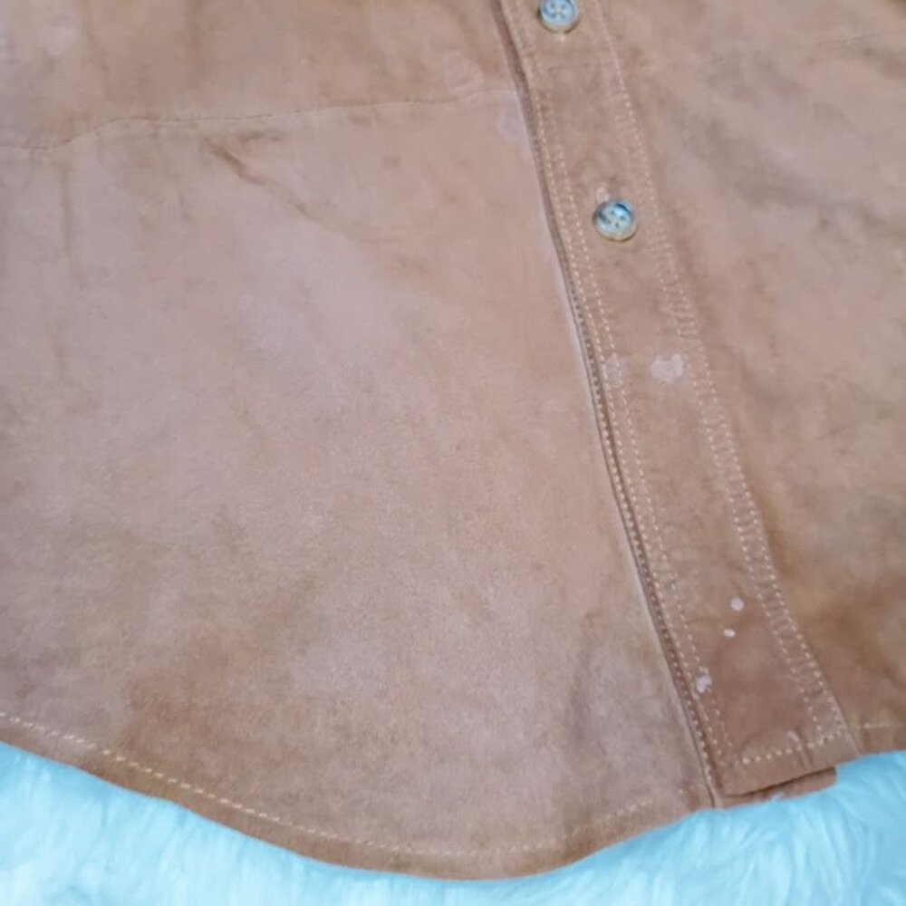 Bullock & Jones Mens Medium Suede Button-Up Shirt In Tan With Double Flap Pocket - Picture 9 of 16